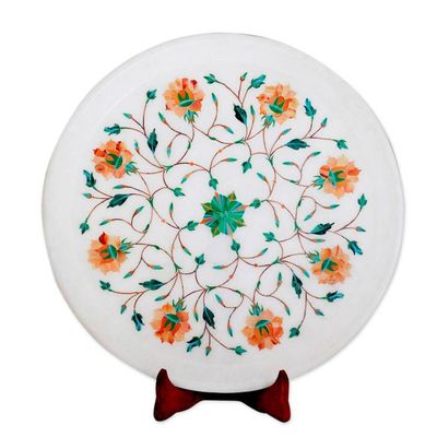 Alternate image for Orange and Green Floral Marble Inlay Decorative Plate Summer Fantasy