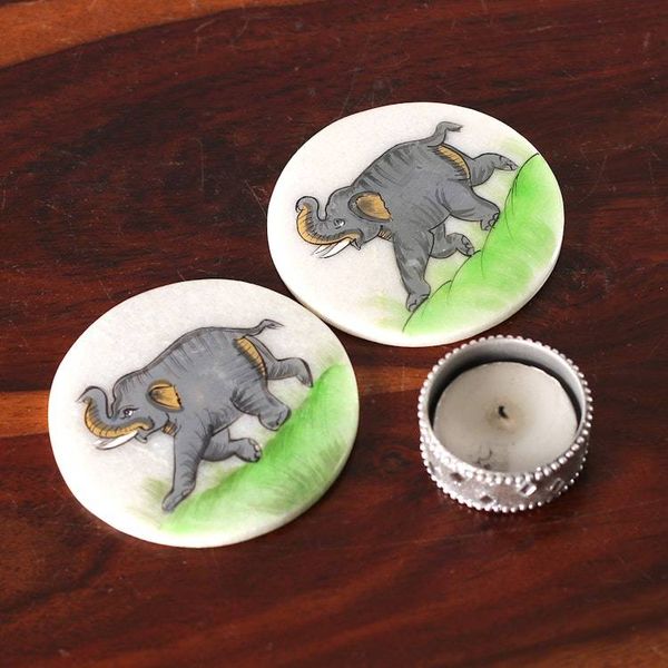 Alternate image for Set of 2 Hand-Painted Elephant-Themed Soapstone Coasters Marching Elephant