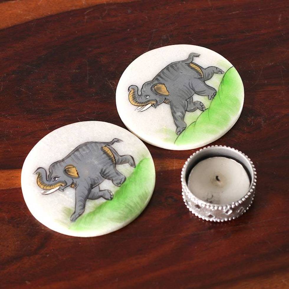 Set of 2 Hand-Painted Elephant-Themed Soapstone Coasters 'Marching Elephant'