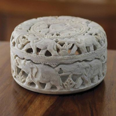 Alternate image for Artisan Crafted Jali Soapstone Jewelry Box Elephant Procession