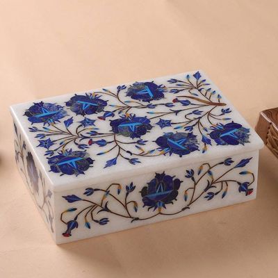 Alternate image for Unique Indian Marble Inlay Jewelry Box Wild Blue Flowers