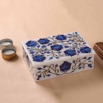 Alternate image for Unique Indian Marble Inlay Jewelry Box Wild Blue Flowers