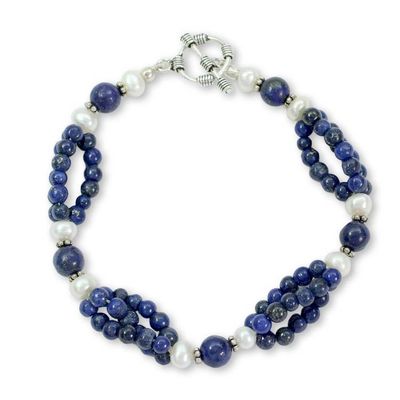 Alternate image for Lapis lazuli and pearl beaded bracelet Gulmohar Lady