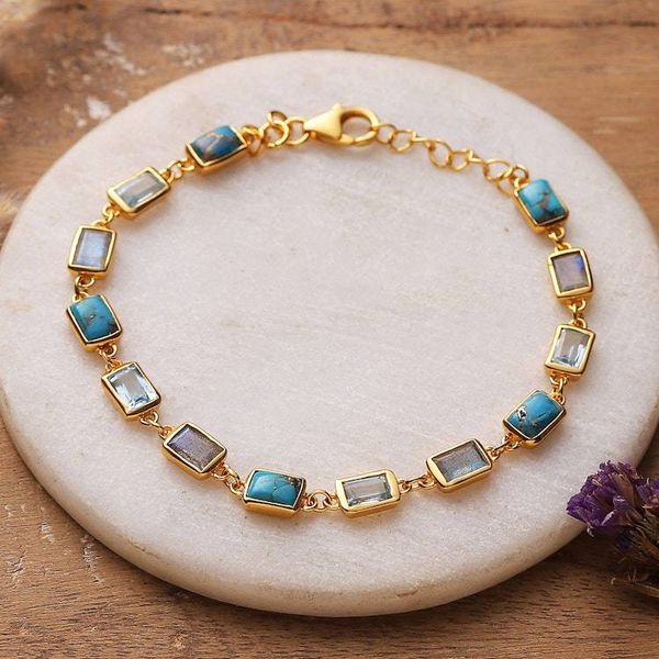 Alternate image for Blue-Toned Polished Gold-Plated Multi-Gemstone Link Bracelet Celestial Light