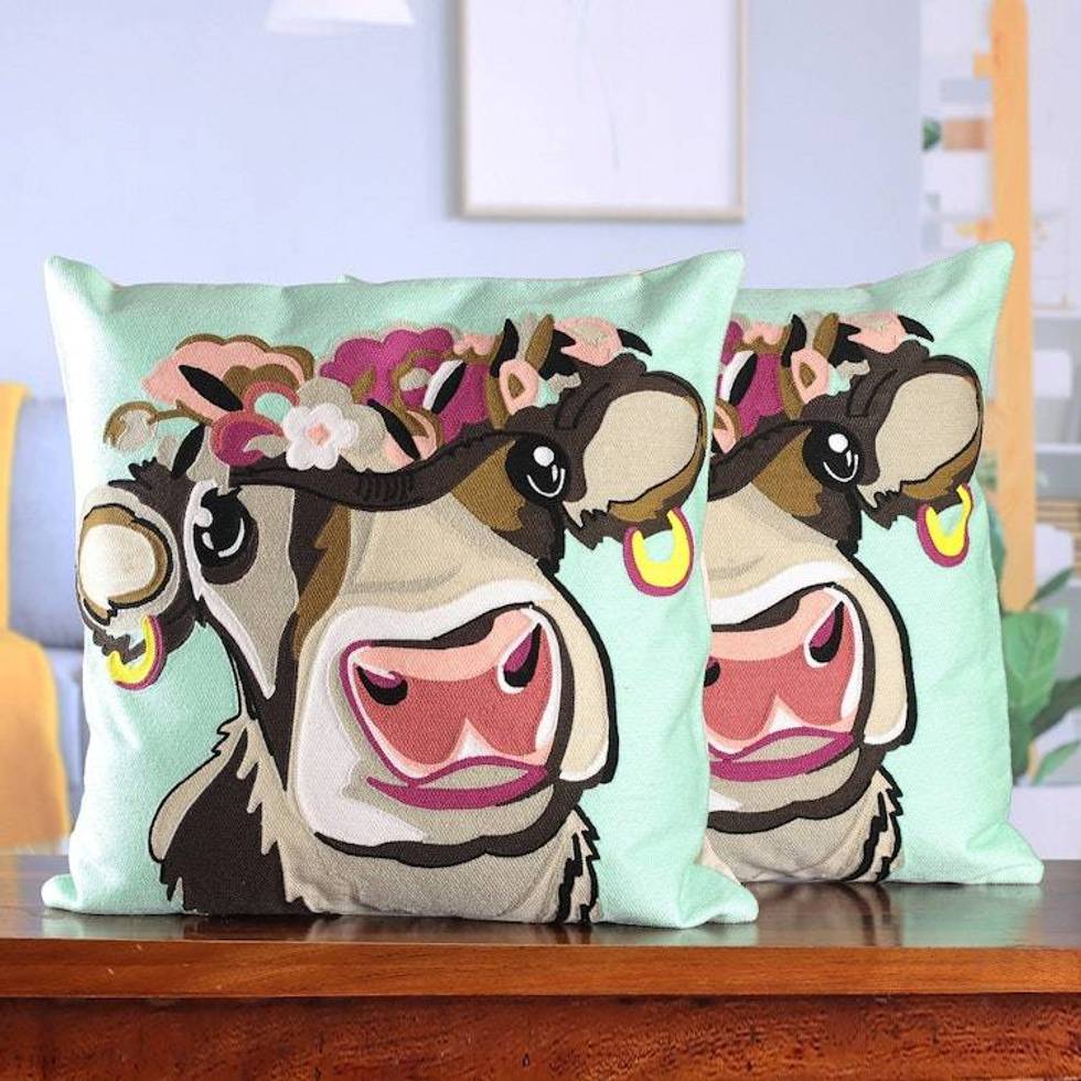 Whimsical Cow-Themed Embroidered Cotton Cushion Cover Pair 'Whimsical Moo'
