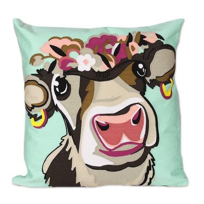 Alternate image for Whimsical Cow-Themed Embroidered Cotton Cushion Cover Pair Whimsical Moo