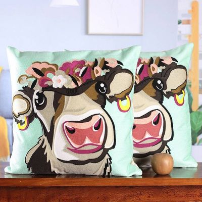 Alternate image for Whimsical Cow-Themed Embroidered Cotton Cushion Cover Pair Whimsical Moo