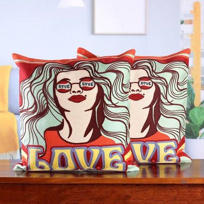 Alternate image for Bohemian Cotton Cushion Cover Pair with Acrylic Embroidery Retro Boho