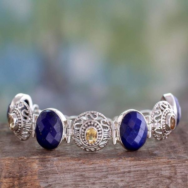 Alternate image for Indian Lapis Lazuli and Citrine Silver Jali Bracelet Royal Lace