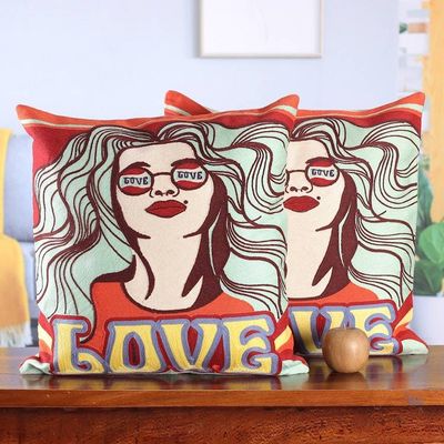 Alternate image for Bohemian Cotton Cushion Cover Pair with Acrylic Embroidery Retro Boho