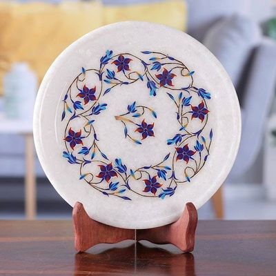 Alternate image for Red Floral Motif Marble Inlay Decorative Plate from India Floating Daffodils
