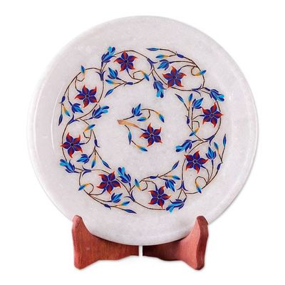 Alternate image for Red Floral Motif Marble Inlay Decorative Plate from India Floating Daffodils