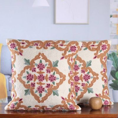 Alternate image for Bollywood-Inspired Embroidered Cotton Cushion Cover Pair Exquisite Blossoms