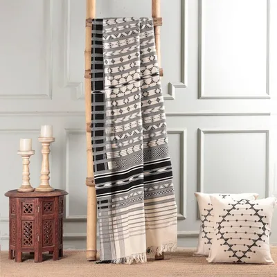 Alternate image for Hand-Loomed Geometric Cotton Throw in Black and Ivory Creative Elegance