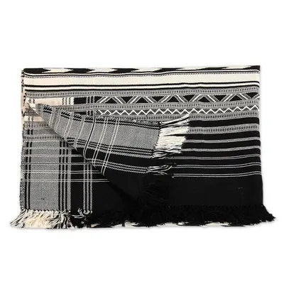 Alternate image for Hand-Loomed Geometric Cotton Throw in Black and Ivory Creative Elegance