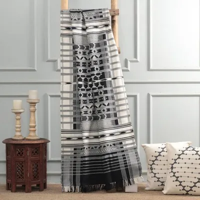 Alternate image for Black and White Handwoven Cotton Throw with Geometric Theme Classic Elegance