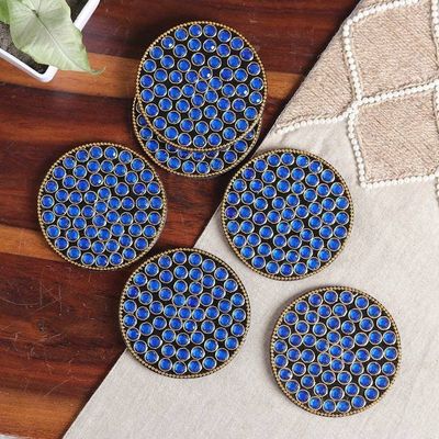 Alternate image for Set of 6 Blue Beaded Wood and Resin Coasters from India Royal Glitz