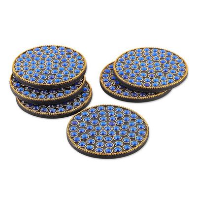 Alternate image for Set of 6 Blue Beaded Wood and Resin Coasters from India Royal Glitz