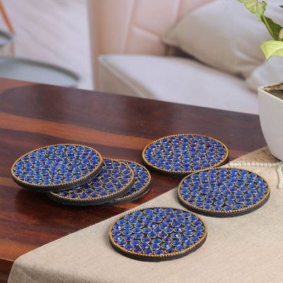 Alternate image for Set of 6 Blue Beaded Wood and Resin Coasters from India Royal Glitz