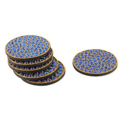 Alternate image for Set of 6 Blue Beaded Wood and Resin Coasters from India Royal Glitz