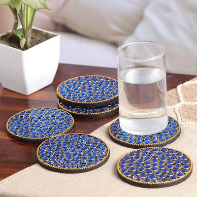 Alternate image for Set of 6 Blue Beaded Wood and Resin Coasters from India Royal Glitz