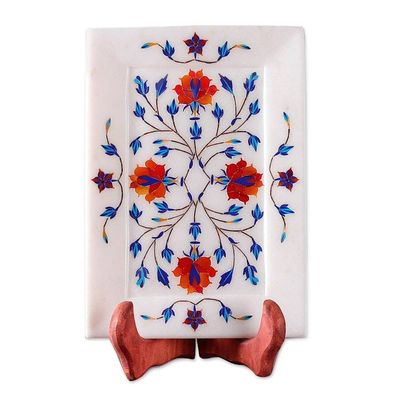 Alternate image for Golden Rose Motif Marble Inlay Decorative Plate from India Golden Roses