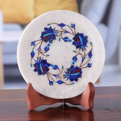 Alternate image for Blue Floral Motif Marble Inlay Decorative Plate from India Blue Garland