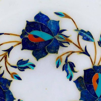 Alternate image for Blue Floral Motif Marble Inlay Decorative Plate from India Blue Garland