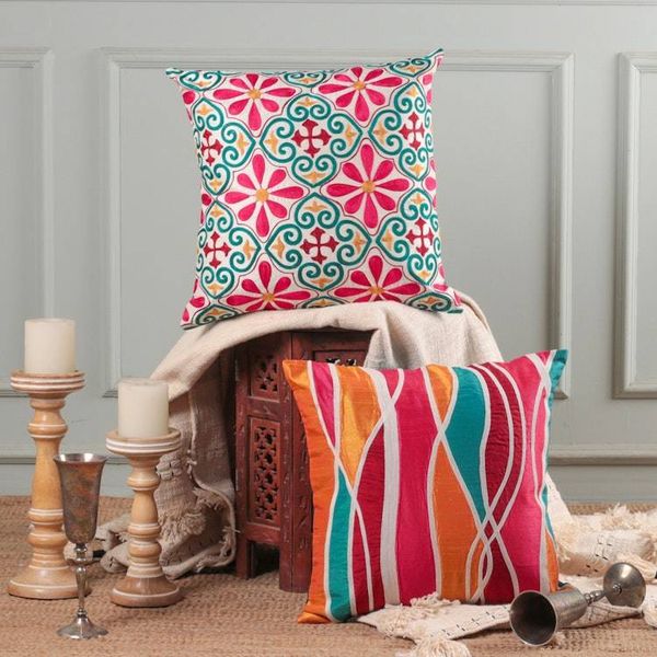 Alternate image for Floral Abstract Embroidered Patchwork Cushion Covers Pair Colorful Connection