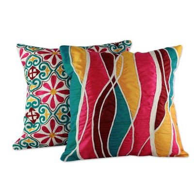 Alternate image for Floral Abstract Embroidered Patchwork Cushion Covers Pair Colorful Connection