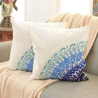 Primary image for Leafy Blue and Turquoise Mandala Cotton Cushion Cover Pair Divine Orchard