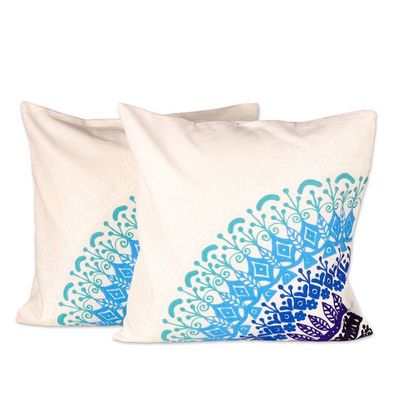 Alternate image for Leafy Blue and Turquoise Mandala Cotton Cushion Cover Pair Divine Orchard