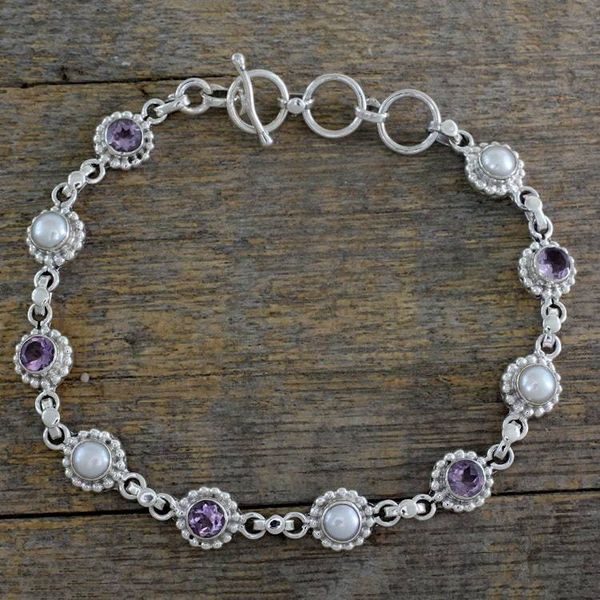 Alternate image for Sterling Silver Amethyst and Cultured Pearl Bracelet Petite Flowers