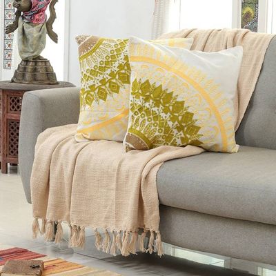 Primary image for Green and Yellow Leafy Mandala Cotton Cushion Cover Pair Divine Orchard in Spring