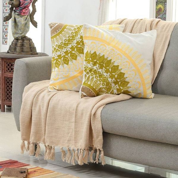Alternate image for Green and Yellow Leafy Mandala Cotton Cushion Cover Pair Divine Orchard in Spring