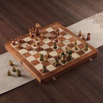 Primary image for Hand-Painted Red and Green Wood Chess Set from India Challenge of Rajasthan