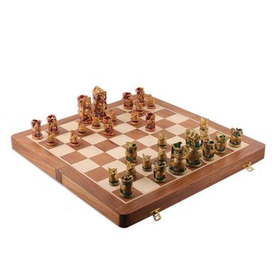 Alternate image for Hand-Painted Red and Green Wood Chess Set from India Challenge of Rajasthan