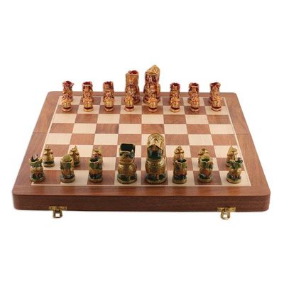 Alternate image for Hand-Painted Red and Green Wood Chess Set from India Challenge of Rajasthan