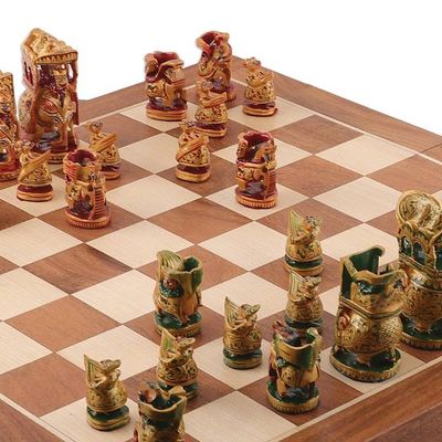 Alternate image for Hand-Painted Red and Green Wood Chess Set from India Challenge of Rajasthan