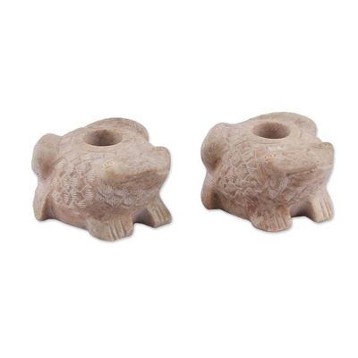 Alternate image for Pair of Frog-Shaped Hand-Carved Soapstone Candle Holders Charming Frogs