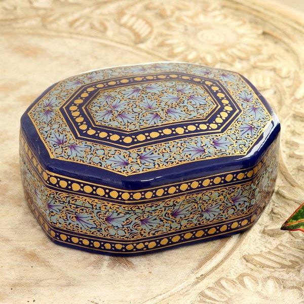 Alternate image for Elegant Hand Painted Blue and Gold Papier Mache Box Kashmir Royal
