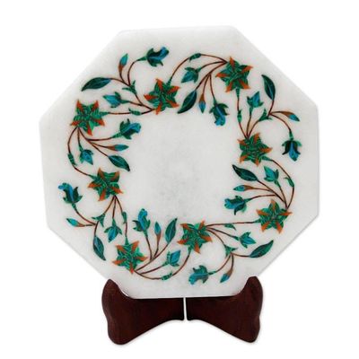 Alternate image for Green Floral Marble Inlay Decorative Plate from India Ivy Garland