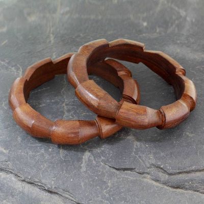 Primary image for Handmade Wood Bangle Bracelets Pair Forest Suns