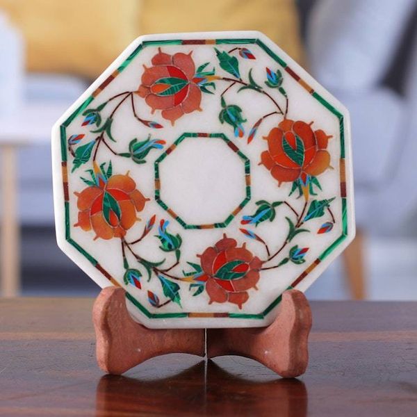 Alternate image for Marble Inlay Decorative Plate in Red and Orange from India Bright Carousel