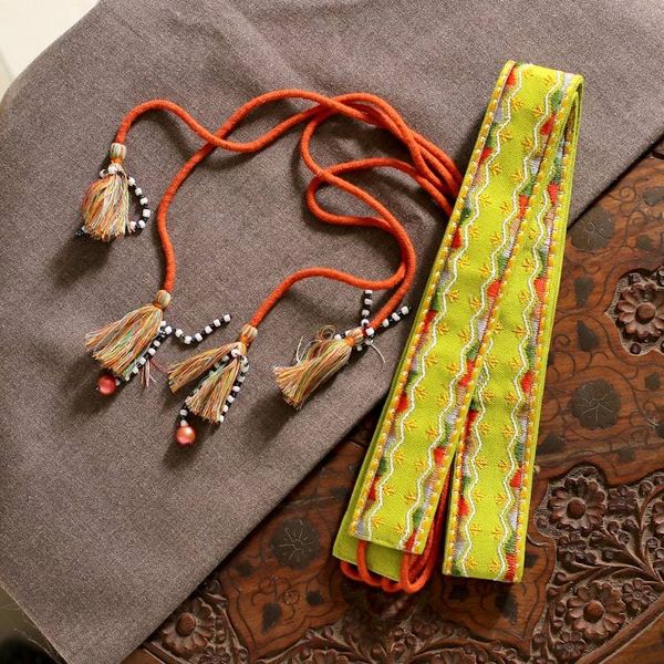 Alternate image for Rayon Embroidered Chartreuse Cotton Belt with Tassels Chartreuse Tassels