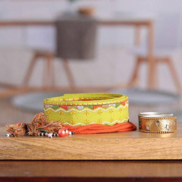 Alternate image for Rayon Embroidered Chartreuse Cotton Belt with Tassels Chartreuse Tassels
