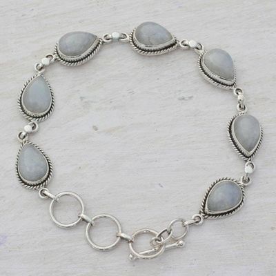 Primary image for Indian Rainbow Moonstone and Sterling Silver Link Bracelet Caressing Rain