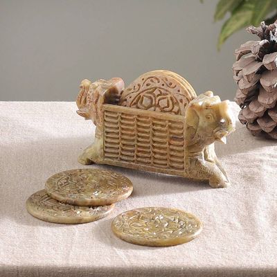 Alternate image for Set of 6 Elephant Floral-Themed Marble Coasters with Holder Serene Elephants