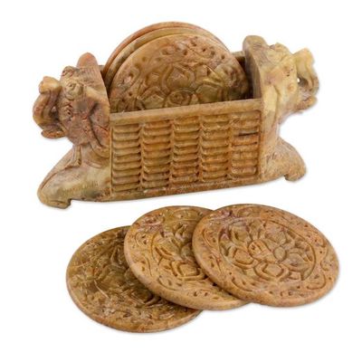 Alternate image for Set of 6 Elephant Floral-Themed Marble Coasters with Holder Serene Elephants