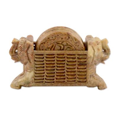 Alternate image for Set of 6 Elephant Floral-Themed Marble Coasters with Holder Serene Elephants